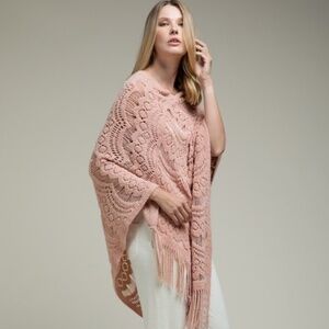 Women's Ruggine Prairie Inspired Knit V-Neck Fringe Poncho Blush Pink One Size